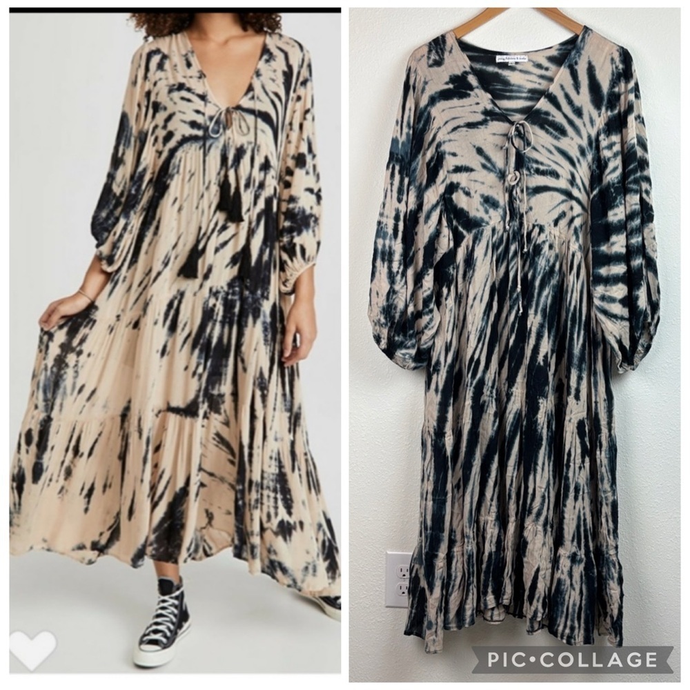 Young Fabulous & Broke Dawn Tie-Dye flowy navy tan midi dress